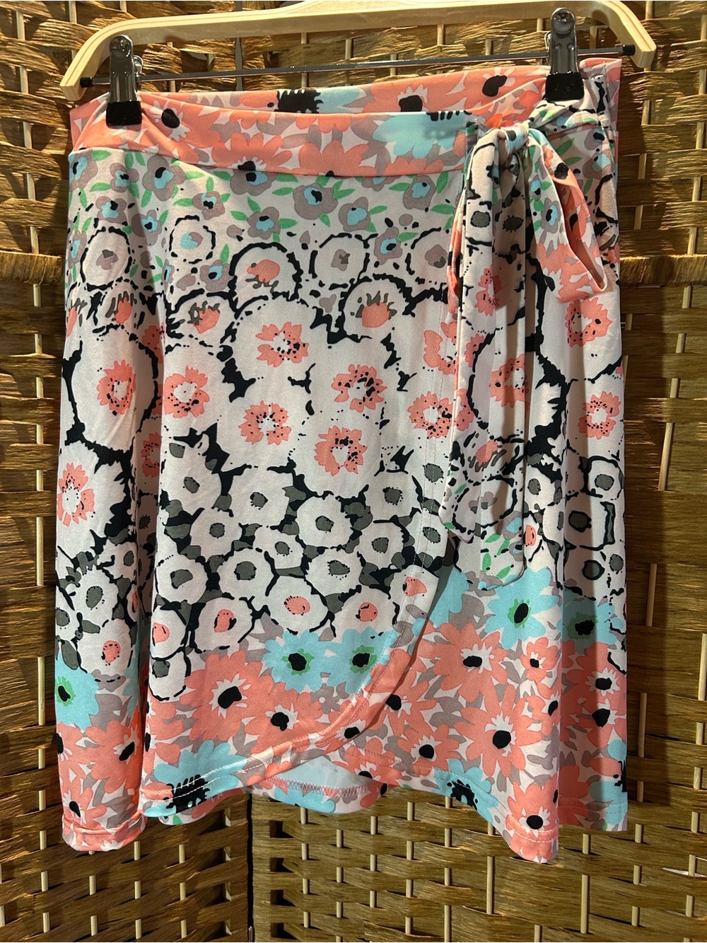 Floral Faux Wrap Mini Skirt M Tie Waist Stretch Coral Aqua
